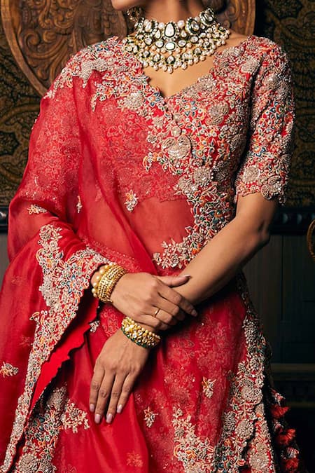 Shop Prisho Red Silk, Organza Embroidery V-neck Floral Bridal Lehenga at Aza Fashions Shop_Prisho_Red Silk, Organza Embroidery V-neck Floral Bridal Lehenga _at_Aza_Fashions