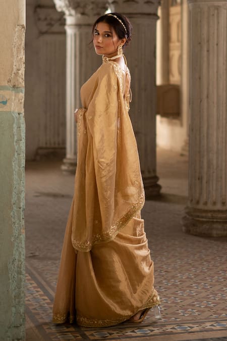 Shop Sheela Suthar Gold Tissue Zari Zardozi Embroidered Saree With Running Blouse at Aza Fashions Shop_Sheela Suthar_Gold Tissue Zari Zardozi Embroidered Saree With Running Blouse _at_Aza_Fashions