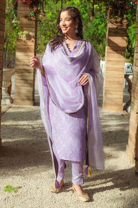 Monk & Mei By Sonia Anand Purple Georgette Sequins, Piping V-neck Embroidered Straight Kurta Set Online at Aza Fashions Monk & Mei By Sonia Anand_Purple Georgette Sequins, Piping V-neck Embroidered Straight Kurta Set _Online_at_Aza_Fashions