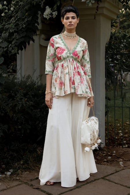 Paulmi And Harsh_Off White Cotton, Silk Sequins Leave Floral Petal Pattern Peplum And Palazzo Set _Online_at_Aza_Fashions