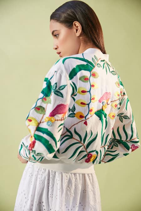 Shop_Betrue_White Linen Embroidery Mandarin Collar Bali Foliage Bomber Jacket _at_Aza_Fashions