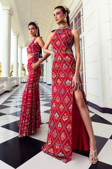 Shop_DiyaRajvvir_Red Georgette, Linen Tassels Halter Neck Diamond Frame Print Gown _at_Aza_Fashions