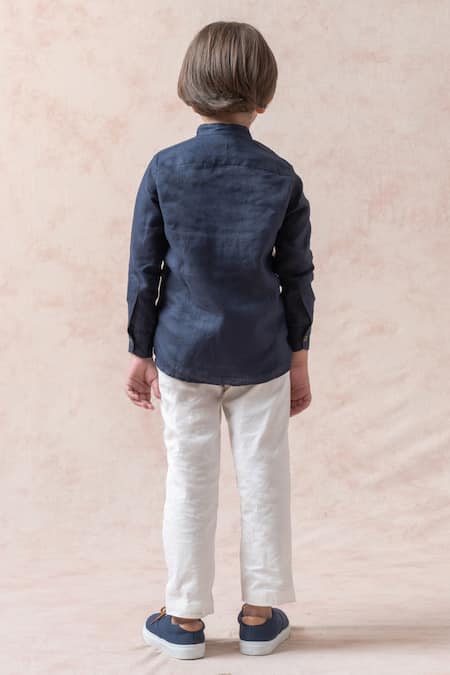 Shop Thetaa Blue Linen, Polyester Embroidery Placement Floral Print Shirt at Aza Fashions Shop_Thetaa_Blue Linen, Polyester Embroidery Placement Floral Print Shirt _at_Aza_Fashions