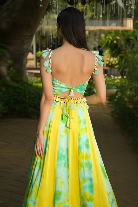 Shop Disha Kahai Multi Color Cotton Satin, Net Tassels, Tie-dye Pattern Anarkali With Dupatta at Aza Fashions Shop_Disha Kahai_Multi Color Cotton Satin, Net Tassels, Tie-dye Pattern Anarkali With Dupatta_at_Aza_Fashions