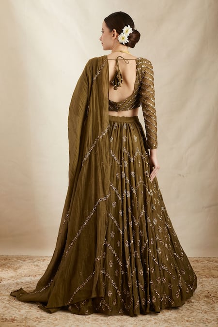 Shop Astha Narang Green Chanderi Silk Embroidery, Cut Work, Sequins Chevron Bridal Lehenga Set at Aza Fashions Shop_Astha Narang_Green Chanderi Silk Embroidery, Cut Work, Sequins Chevron Bridal Lehenga Set _at_Aza_Fashions