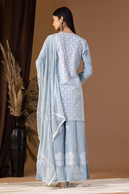 Shop Abbaran Blue Cotton, Chiffon Lace, Tassels, Embroidery Flora Pattern Kurta Gharara Set at Aza Fashions Shop_Abbaran_Blue Cotton, Chiffon Lace, Tassels, Embroidery Flora Pattern Kurta Gharara Set _at_Aza_Fashions