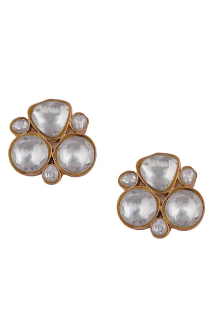 Shop Riana Jewellery White Smocking, Diamonds Geometric Pattern Stud Earrings at Aza Fashions Shop_Riana Jewellery_White Smocking, Diamonds Geometric Pattern Stud Earrings _at_Aza_Fashions