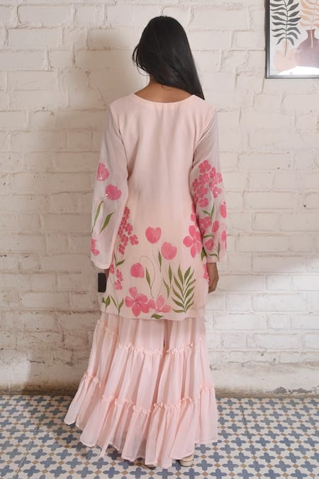 Meghstudio Floral Kyari Hand Painted Kurta Sharara Set 