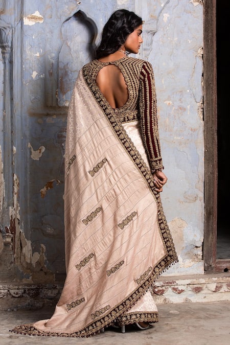 Nitika Gujral Pink Silk, Velvet, Chiffon Tassels, Cut Work, Woven Saree With Blouse Online at Aza Fashions Nitika Gujral_Pink Silk, Velvet, Chiffon Tassels, Cut Work, Woven Saree With Blouse _Online_at_Aza_Fashions