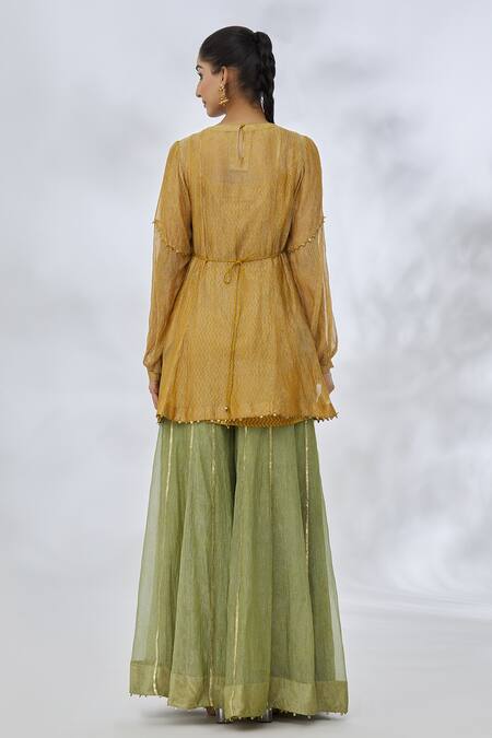 Shop Itrh Yellow Cotton, Silk Sequins, Zari Round Neck Chevron Pattern Tunic at Aza Fashions Shop_Itrh_Yellow Cotton, Silk Sequins, Zari Round Neck Chevron Pattern Tunic _at_Aza_Fashions