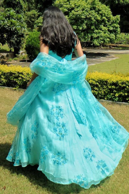 Shop_Meghstudio_Blue Pure Organza Hand Painted Hydrangea Flowers Round Lehenga Set  _at_Aza_Fashions