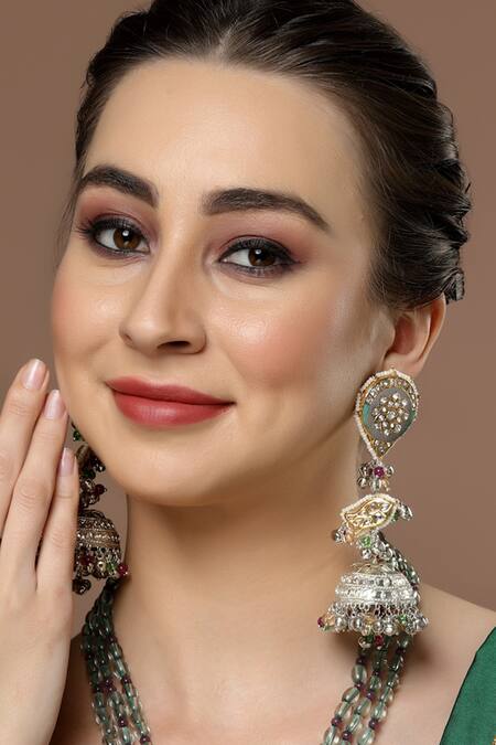 Shop Dugran By Dugristyle Green Meenakari Long Embellished Jhumkas at Aza Fashions Shop_Dugran By Dugristyle_Green Meenakari Long Embellished Jhumkas _at_Aza_Fashions
