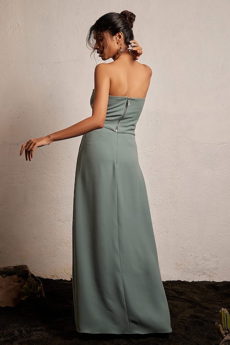 Shop Pocket Stories Green Microfiber Square Neck Zip Detail Bustier And Skirt Set at Aza Fashions Shop_Pocket Stories_Green Microfiber Square Neck Zip Detail Bustier And Skirt Set _at_Aza_Fashions