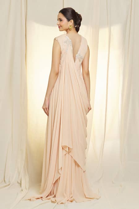 Vivek Patel Beige Hand Embroidered Pre-Draped Saree Gown 