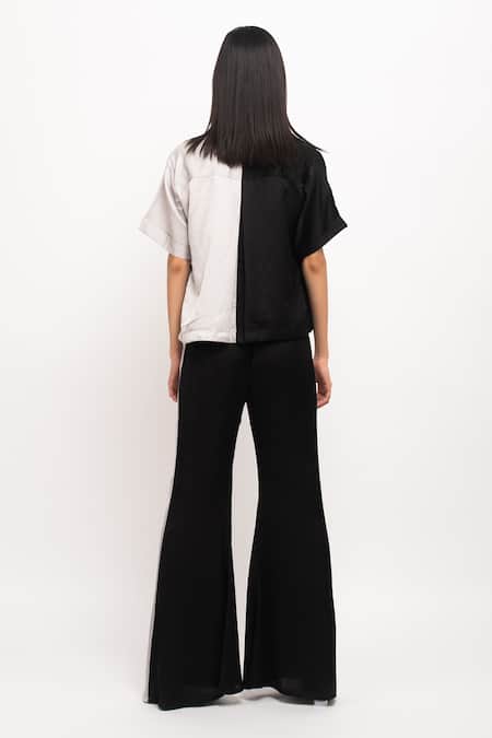 Shop Neora By Nehal Chopra Black Bamboo Collared, Halter Neck Front Buttoned Shirt Pant Set at Aza Fashions Shop_Neora By Nehal Chopra_Black Bamboo Collared, Halter Neck Front Buttoned Shirt Pant Set _at_Aza_Fashions
