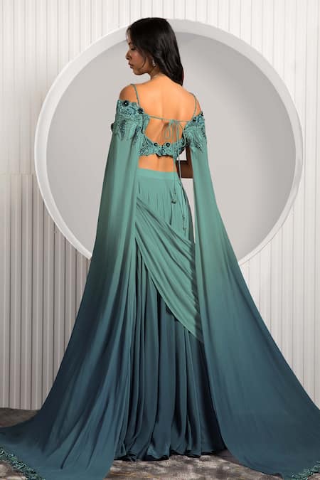 Jade By Ashima Floral Embroidered Cape Sleeve Lehenga Set 