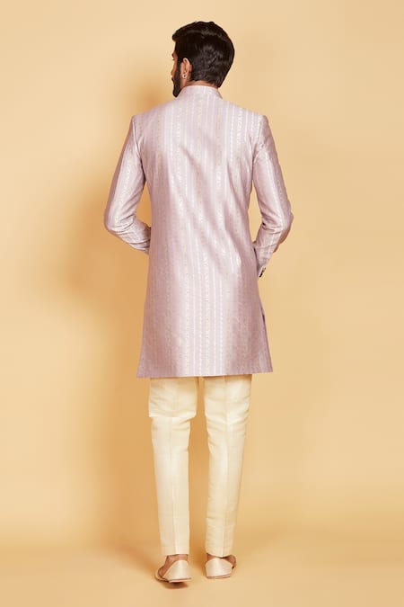 Shop Amrin Khan Purple Pant , Sherwani Munga Floral Stripe Pattern Set at Aza Fashions Shop_Amrin Khan_Purple Pant , Sherwani Munga Floral Stripe Pattern Set _at_Aza_Fashions