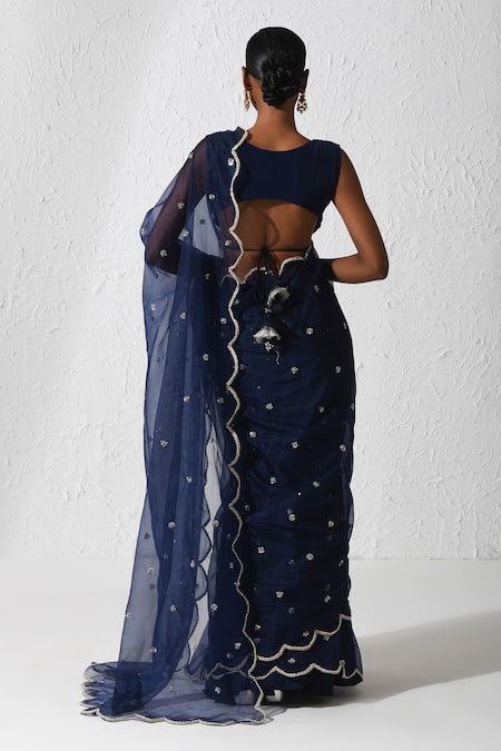 Rishi and Vibhuti Blue Organza, Crepe Sequins, Zari Izel Embroidered Saree With Sleeveless Blouse Online at Aza Fashions Rishi and Vibhuti_Blue Organza, Crepe Sequins, Zari Izel Embroidered Saree With Sleeveless Blouse _Online_at_Aza_Fashions