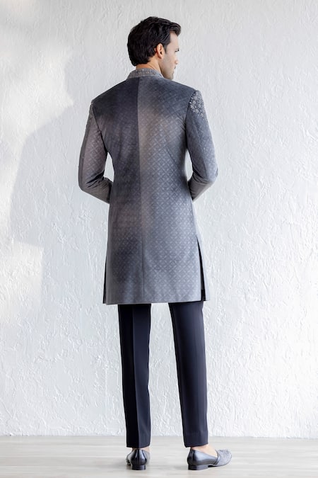 Shop_Qbik_Grey Jacket Embossed Velvet Embroidered Floral Aabid And Trouser Set_at_Aza_Fashions