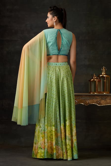 Shop Shilpi Gupta Green Blouse Soft Net, Skirt Modal Satin Floral, Hand Embroidered And Set at Aza Fashions Shop_Shilpi Gupta_Green Blouse Soft Net, Skirt Modal Satin Floral, Hand Embroidered And Set _at_Aza_Fashions