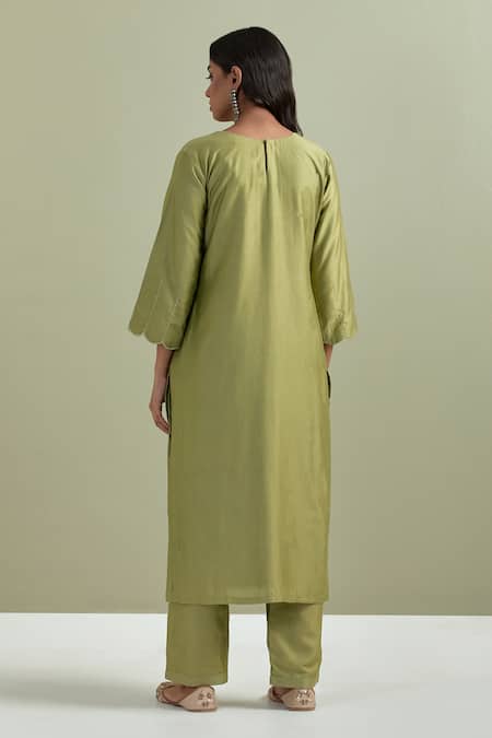 Shop_Priya Chaudhary_Green Chanderi Silk, Kota Doria Embroidery Split V-neck Kurta Pant Set _at_Aza_Fashions