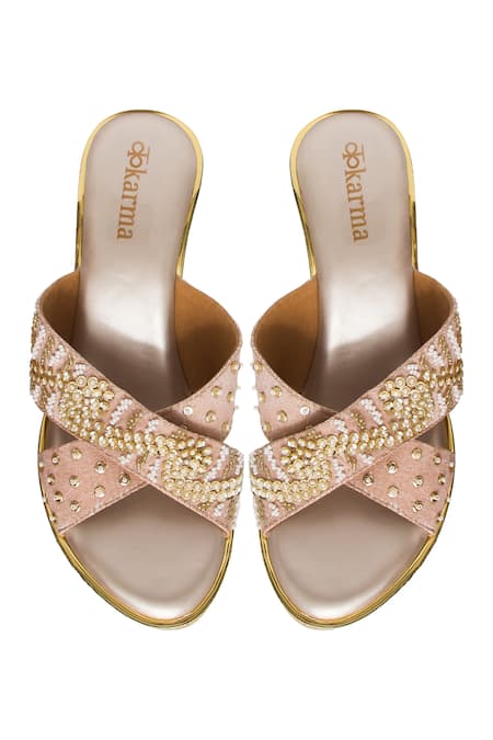 Shop Kkarma Accessories Pink Embroidery, Beads Chandramalika Criss Cross Heels at Aza Fashions Shop_Kkarma Accessories_Pink Embroidery, Beads Chandramalika Criss Cross Heels _at_Aza_Fashions