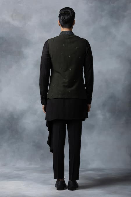 Shop Sarab Khanijou Green Modal Embroidery Waist Coat And Asymmetric Kurta Set at Aza Fashions Shop_Sarab Khanijou_Green Modal Embroidery Waist Coat And Asymmetric Kurta Set _at_Aza_Fashions