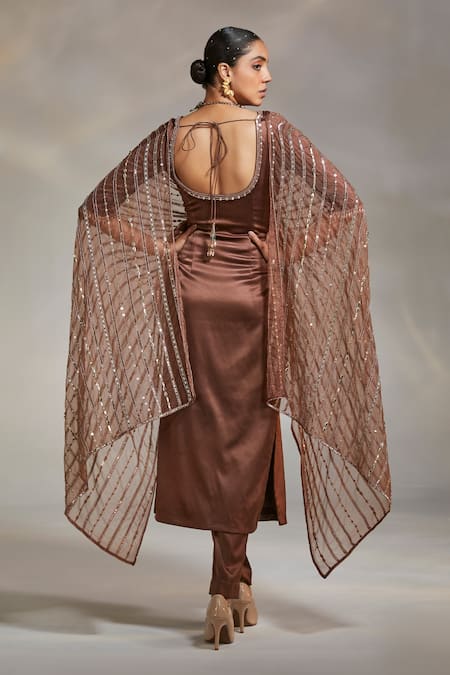 Shop Divya Aggarwal Brown Kurta And Pant Heavy Satin Dupatta Organza Rocio Embellished With Set at Aza Fashions Shop_Divya Aggarwal_Brown Kurta And Pant Heavy Satin Dupatta Organza Rocio Embellished With Set _at_Aza_Fashions