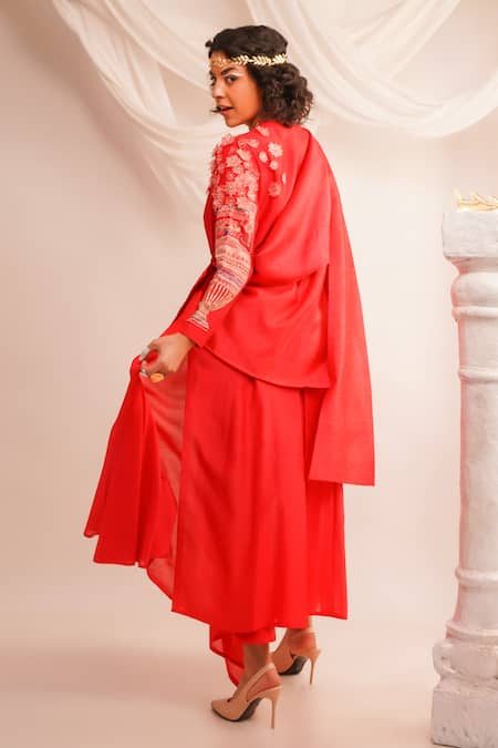 Shop Jajaabor Coral Silk Chanderi Embroidery Applique Deconstructed Angrakha And Pant Set at Aza Fashions Shop_Jajaabor_Coral Silk Chanderi Embroidery Applique Deconstructed Angrakha And Pant Set _at_Aza_Fashions