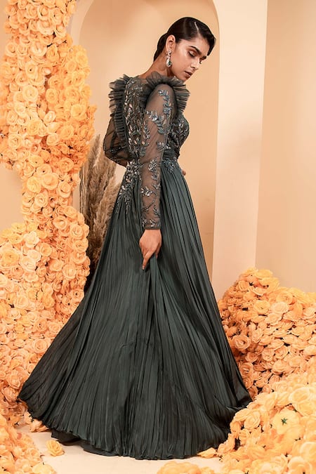 Adi By Aditya Khandelwl Embroidered Bodice Pleated Silk Gown 