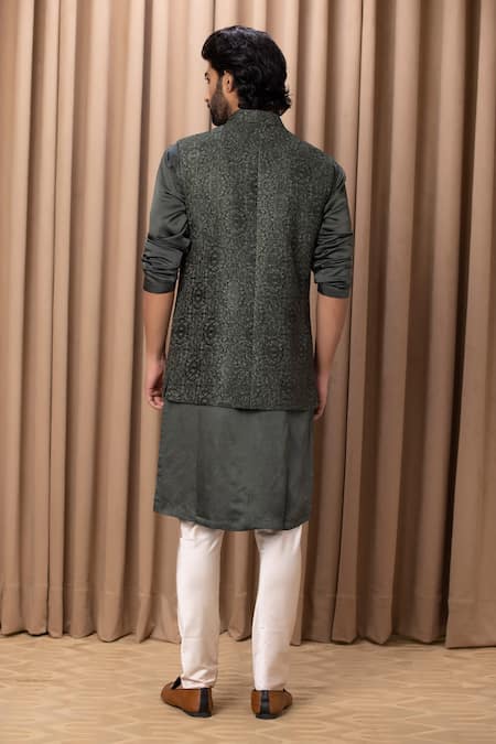 Ankit V Kapoor Olive Green Thread Work Nehru Jacket 