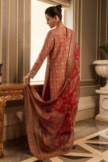 Shop Tarun Tahiliani Red Dupion And Sheer Print & Embroidery Islamic Straight Kurta Set at Aza Fashions Shop_Tarun Tahiliani_Red Dupion And Sheer Print & Embroidery Islamic Straight Kurta Set_at_Aza_Fashions
