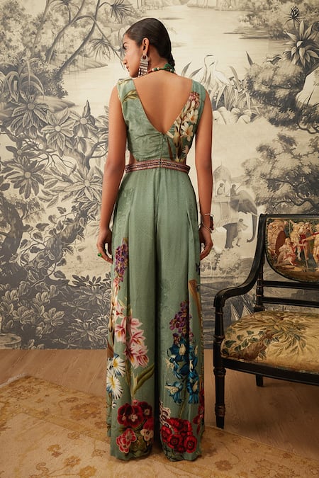 Shop_Kalista_Green Crepe Embroidery V-neck Freya Printed Jumpsuit _at_Aza_Fashions
