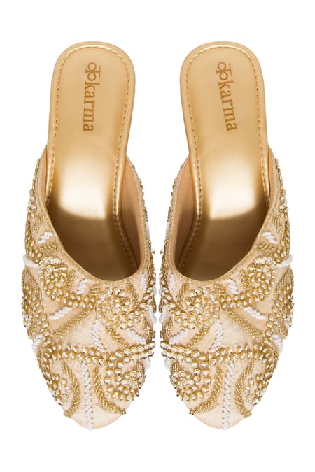 Shop_Kkarma Accessories_Gold Embroidery Mule Block Heels _at_Aza_Fashions