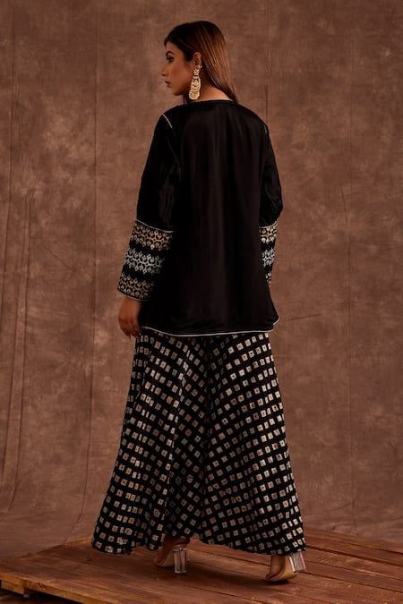 Shop_The Home Affair_Black Chinon Printed Geometrical Jacket Open Handblock Sharara Set _at_Aza_Fashions