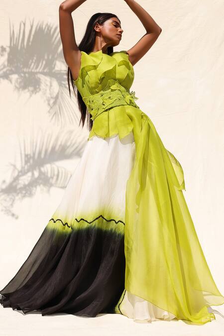 Shop_Richa Khemka_Green Organza Cut And Applique Bird Grove Ruffle Overlay & Skirt Set _at_Aza_Fashions