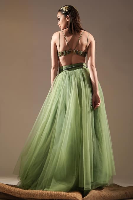 Nikita Mhaisalkar_Green Tulle Flared Lehenga _Online_at_Aza_Fashions