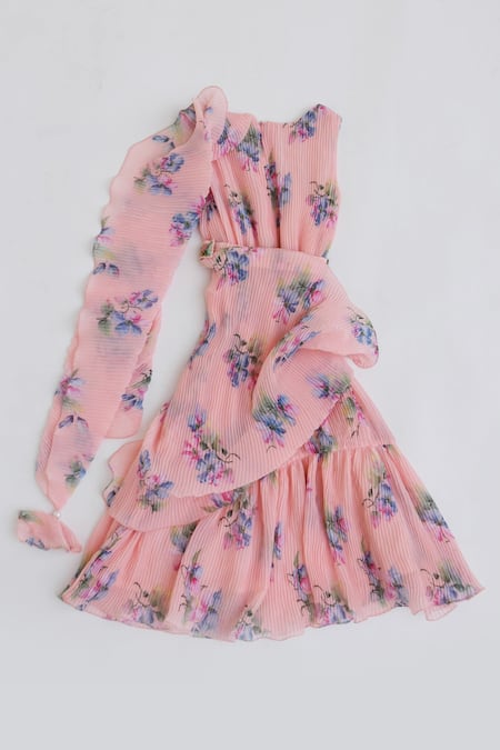 Shop Fayon Kids Peach Georgette Embroidery Pleated Texture Draped Dress at Aza Fashions Shop_Fayon Kids_Peach Georgette Embroidery Pleated Texture Draped Dress _at_Aza_Fashions