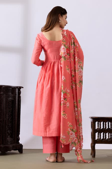 Shop Abbaran Pink Chanderi Embroidery, Tassels Round Neck Gathered Anarkali Palazzo Set at Aza Fashions Shop_Abbaran_Pink Chanderi Embroidery, Tassels Round Neck Gathered Anarkali Palazzo Set_at_Aza_Fashions