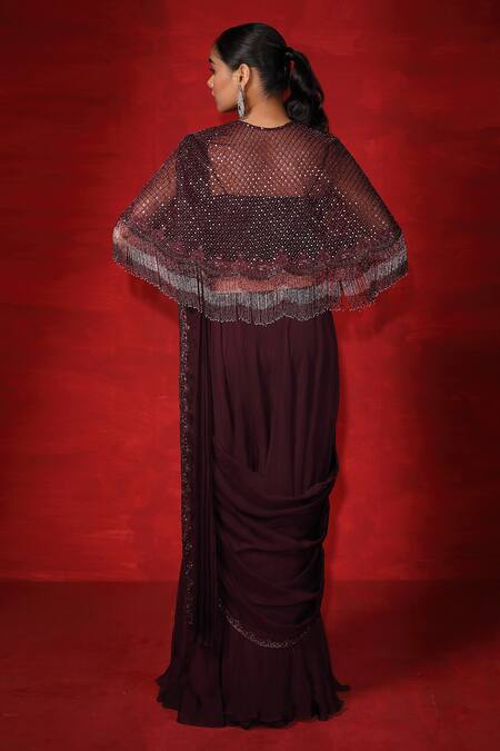 Buy_Miku Kumar_Wine Net, Satin Organza Cut Dana And Thread Work Blouse Pre-draped Saree Set_Online_at_Aza_Fashions