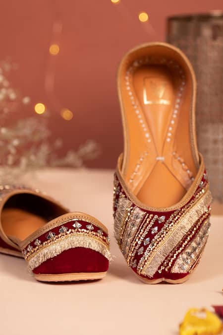 Shop House Of Vian Red Sehar Bead Embrodiered Juttis at Aza Fashions Shop_House Of Vian_Red Sehar Bead Embrodiered Juttis _at_Aza_Fashions