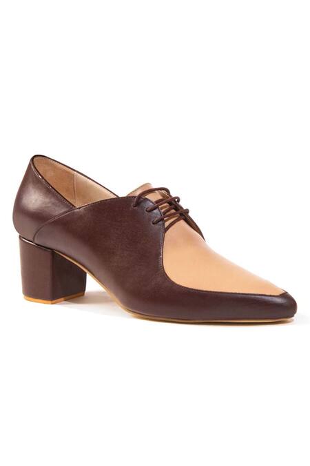 Shop Oceedee Brown Doris Colorblock Pointed Toe Block Heels at Aza Fashions Shop_Oceedee_Brown Doris Colorblock Pointed Toe Block Heels_at_Aza_Fashions