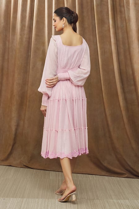 Shop_Bump Loving_Pink Viscose, Georgette, Polyester, Satin Violah Tiered Frill Maternity Dress _at_Aza_Fashions
