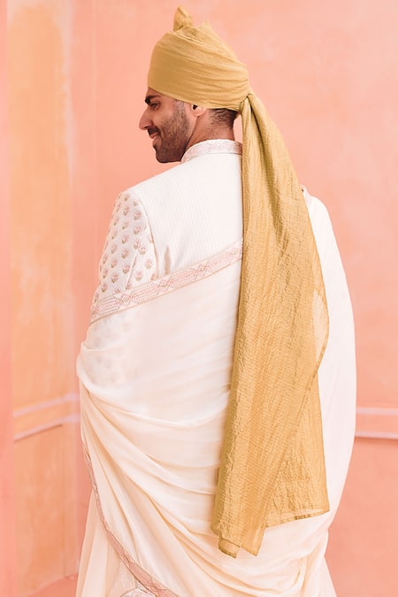 Shop_Philocaly_Ivory Silk Embroidery Guldasta Sherwani Set _at_Aza_Fashions