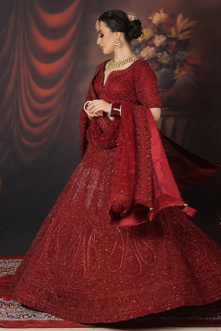 Shop_Mehar_Maroon Net Sequins, Embroidery Split V-neck Floral Paisley Bridal Lehenga Set _at_Aza_Fashions