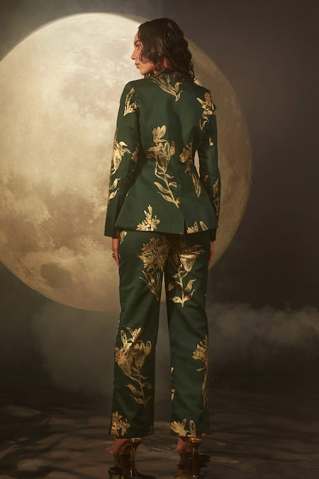 Shop Dohr India Green Silk, Organza, Cotton Foil Printing Open Neck Blazer And Pant Set at Aza Fashions Shop_Dohr India_Green Silk, Organza, Cotton Foil Printing Open Neck Blazer And Pant Set _at_Aza_Fashions
