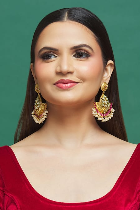 Shop Our Purple Studio Gold Plated Pearls, Stones Floral Carved Earrings at Aza Fashions Shop_Our Purple Studio_Gold Plated Pearls, Stones Floral Carved Earrings _at_Aza_Fashions