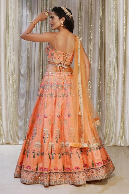 Shop Archana Kochhar Orange Silk, Net Embroidery, Tassels Floral Peacock Print Raw Lehenga Set at Aza Fashions Shop_Archana Kochhar_Orange Silk, Net Embroidery, Tassels Floral Peacock Print Raw Lehenga Set _at_Aza_Fashions