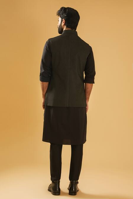 Shop_Raghavendra Rathore Blue_Black Bundi - Jacquard Textured And Kurta Set _at_Aza_Fashions
