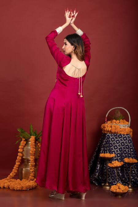 Monk & Mei By Sonia Anand Purple Brocade, Satin Tassels Square Neck Floral Pattern Anarkali Online at Aza Fashions Monk & Mei By Sonia Anand_Purple Brocade, Satin Tassels Square Neck Floral Pattern Anarkali _Online_at_Aza_Fashions